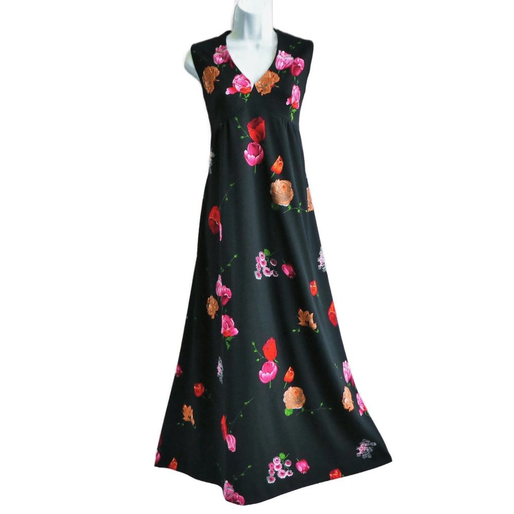 Vintage 70s 2pc Maxi Dress Jacket Suit Set Black Floral Sweetheart V Neck Moody